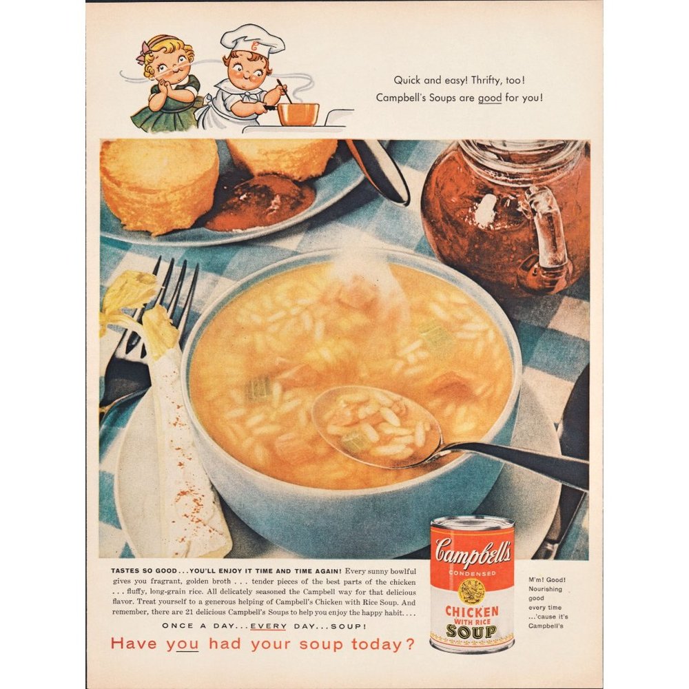 1959 Campbell's Chicken Soup with Rice Vintage Print Ad Blue Bowl Tablecloth 50s